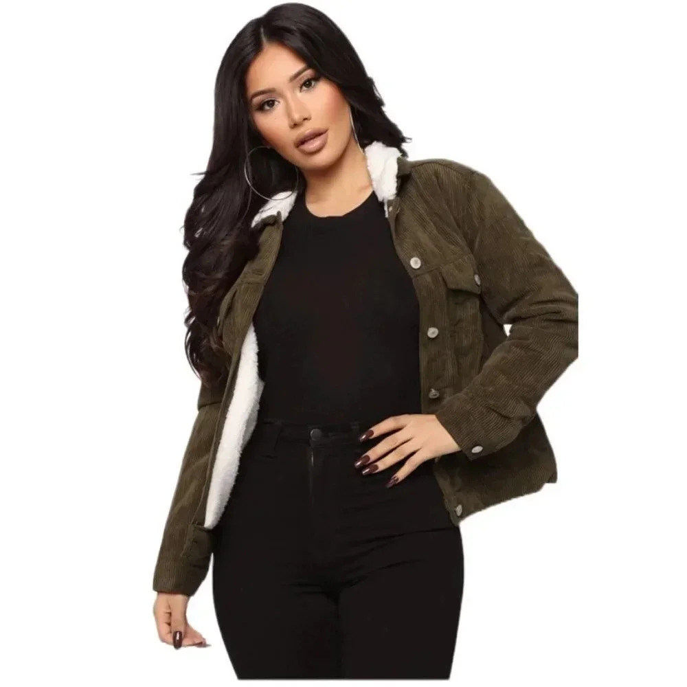 FASHION NOVA Living Without You Corduroy Sherpa Trucker Jacket Olive Size Medium